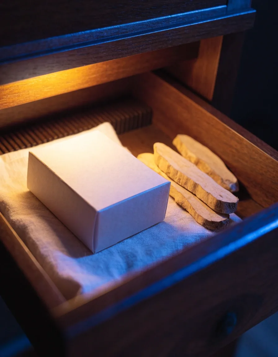 A supplement bottle and botanical root pieces beside a notebook on a desk under warm lamp light
