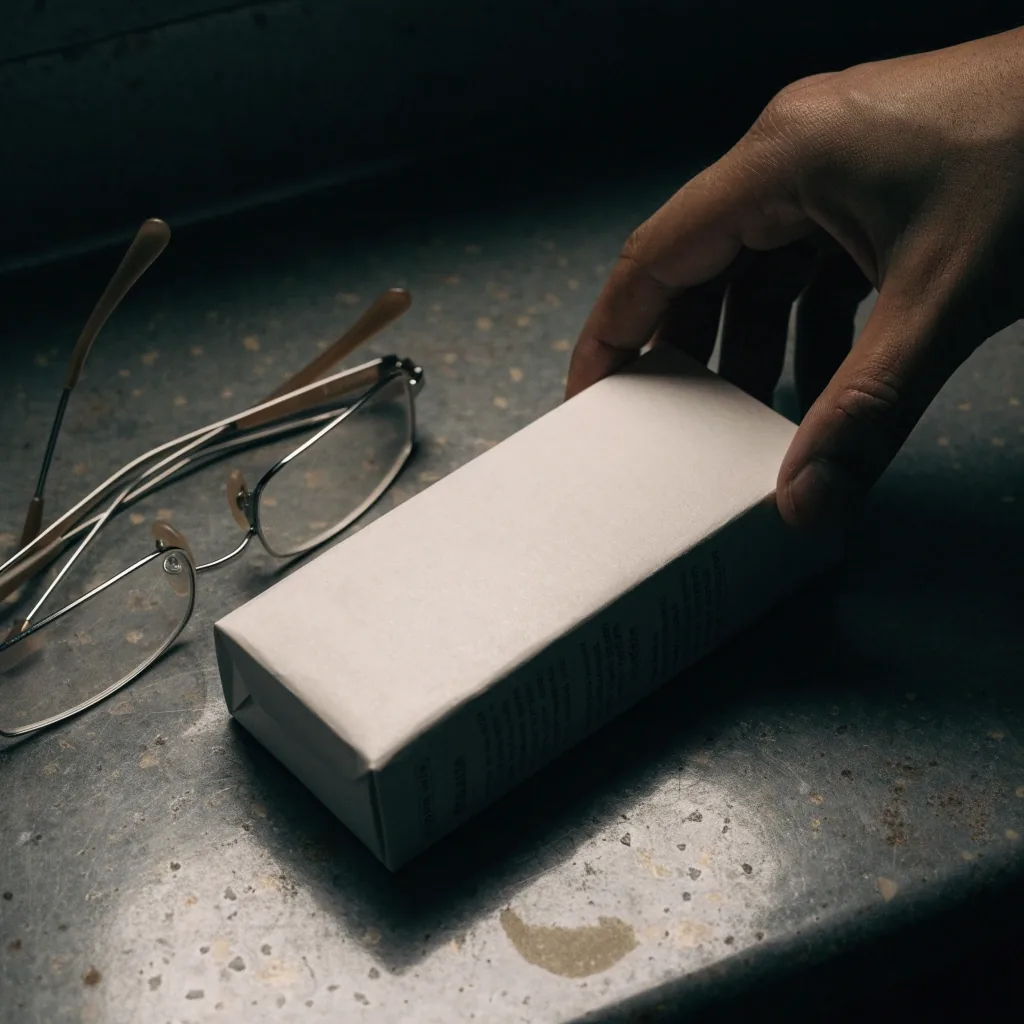 A supplement carton on an enamel counter with reading glasses beside it under low-key side light