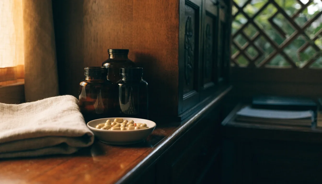A hand resting on a supplement bottle on an enamel counter under warm night light