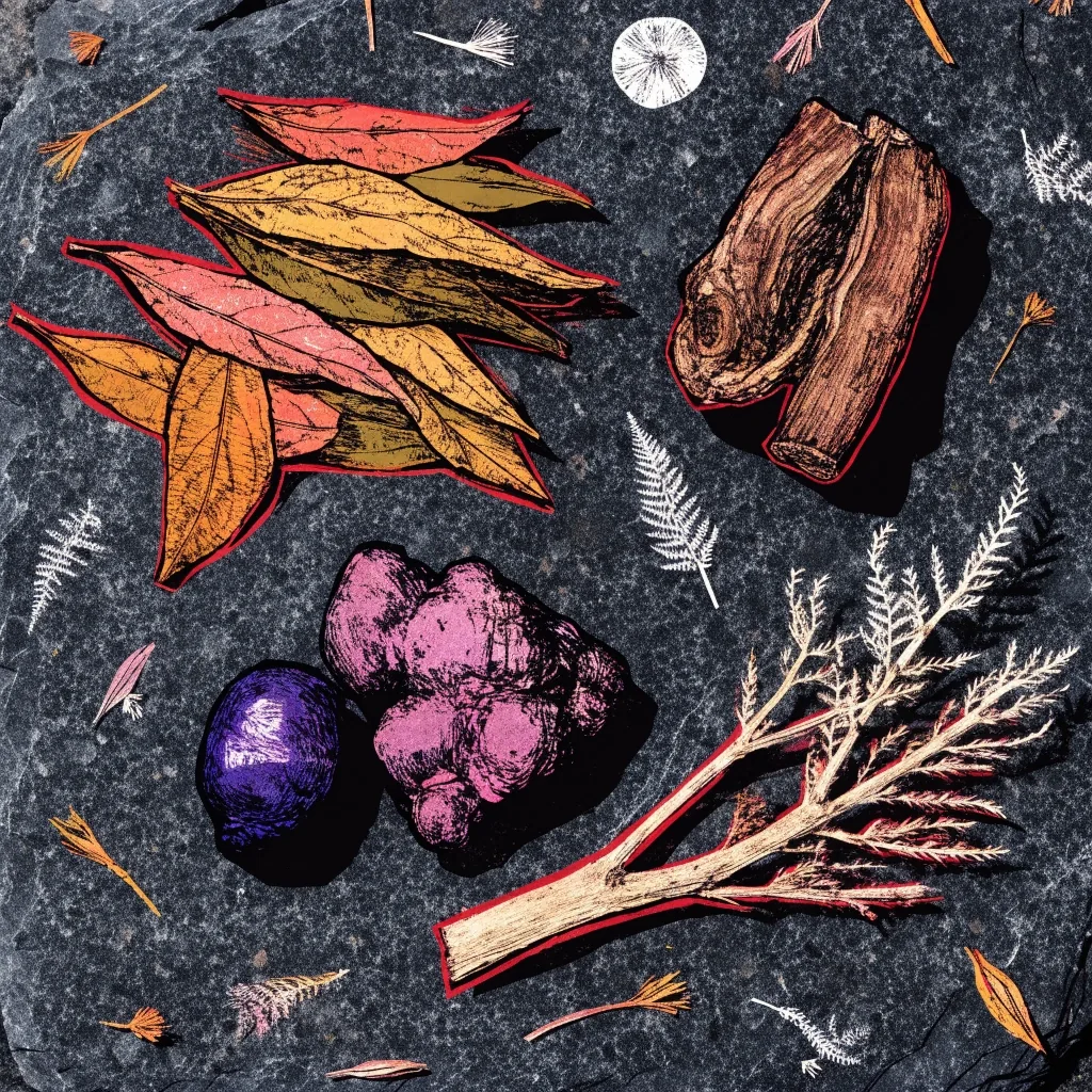 Illustrated cover field of dried Tribulus leaves, Tongkat Ali root and maca root arranged like a printed pulp cover