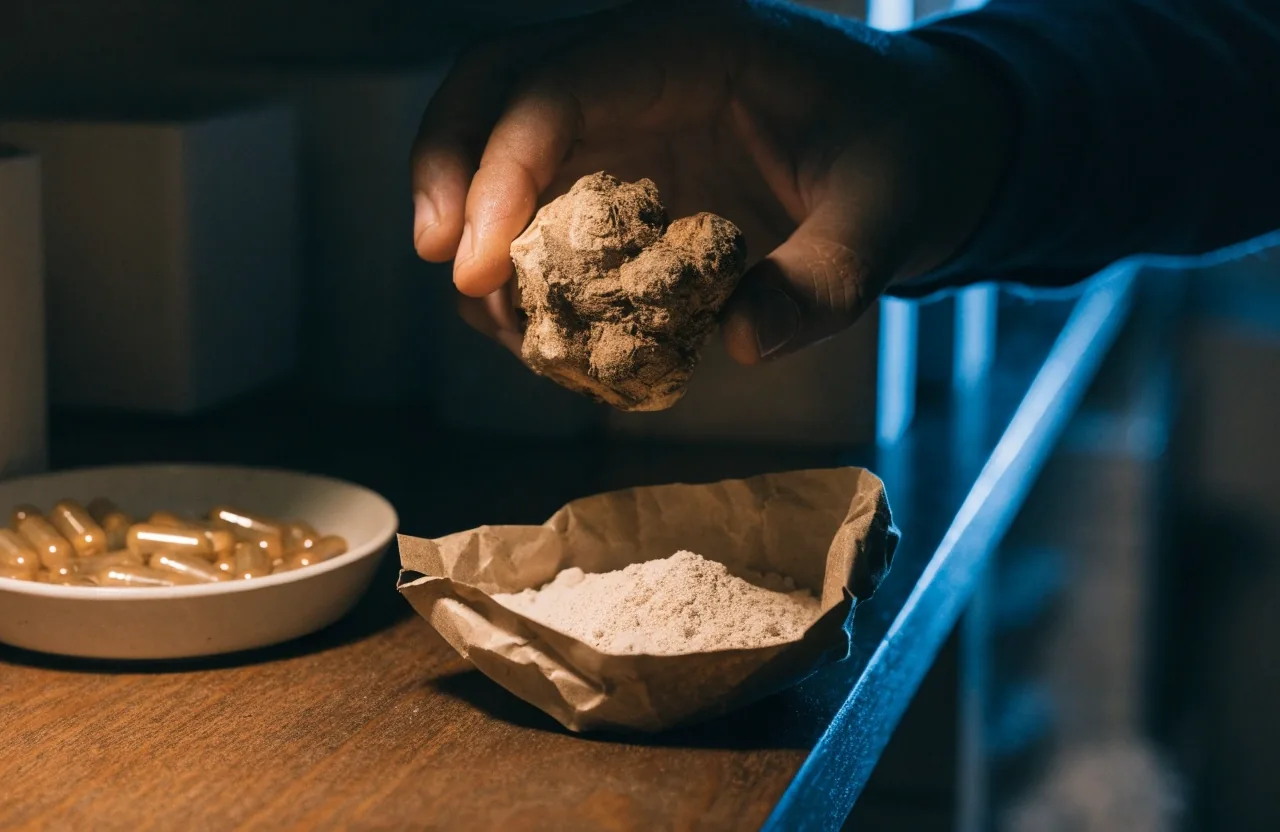 Maca roots and pale root powder on an enamel plate with unbranded capsules at the edge