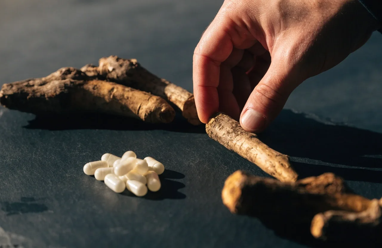 Macro photograph of a split Tongkat Ali root on an enamel counter with capsules blurred behind