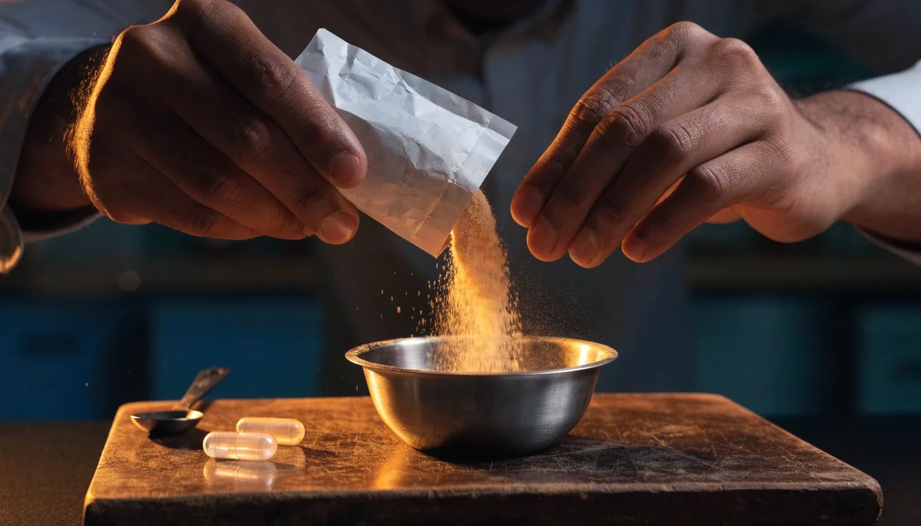 Powder poured on an enamel counter beside unbranded capsule shells and a plain measuring spoon
