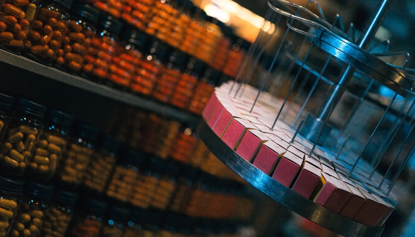 An empty supplement aisle at night with a turning display rack and fog at the far end