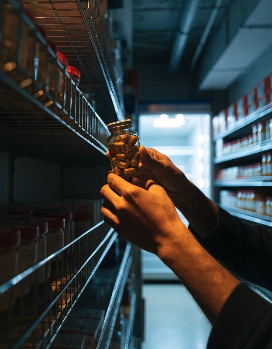 Two hands turning a supplement carton on a wooden counter beside an amber jar of capsules