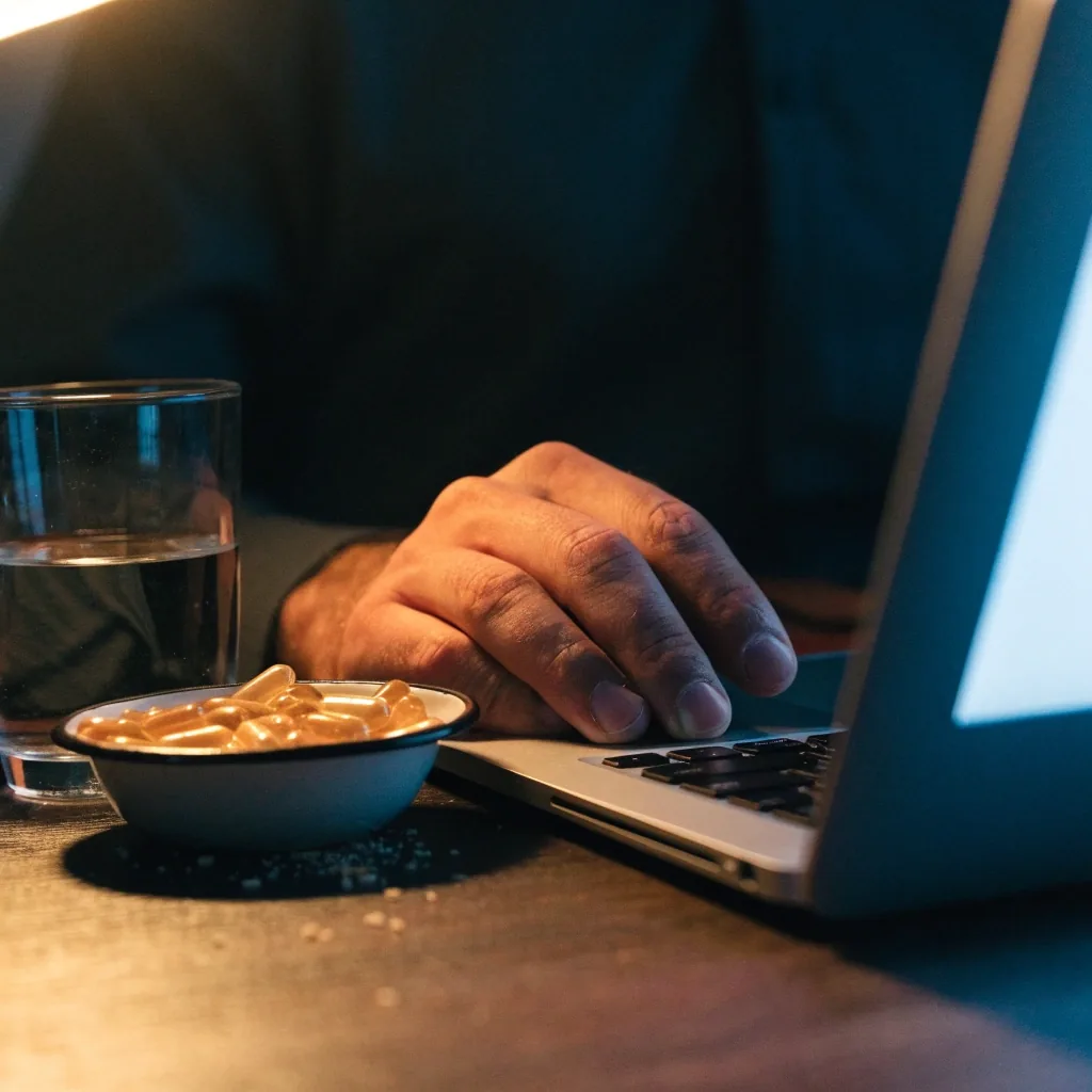 A hand resting on a laptop at a dim desk with a dish of supplements and a glass of water beside it