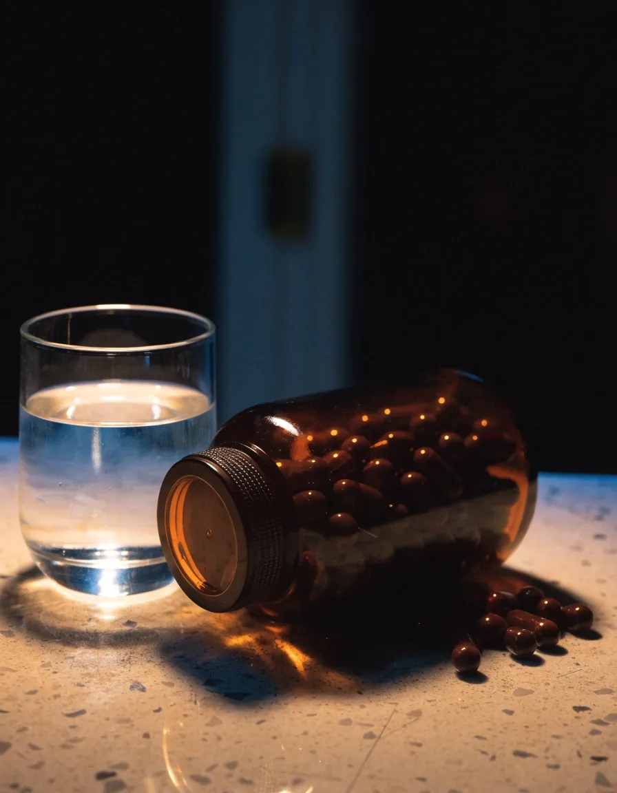 Glass of water, an unlabelled supplement bottle and loose capsules on a dim countertop at night