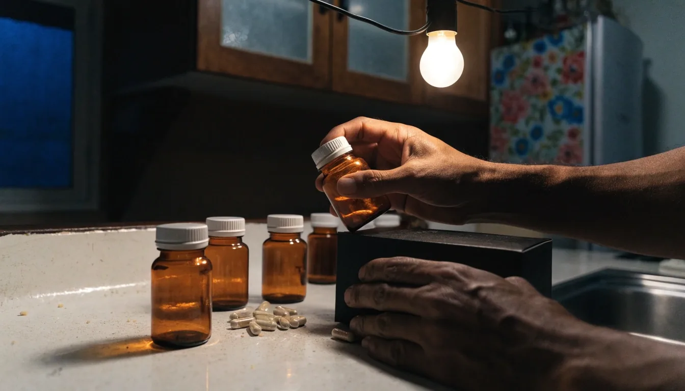 Supplement cartons and pulp-style cover boards arranged on an enamel countertop under warm night-shift light
