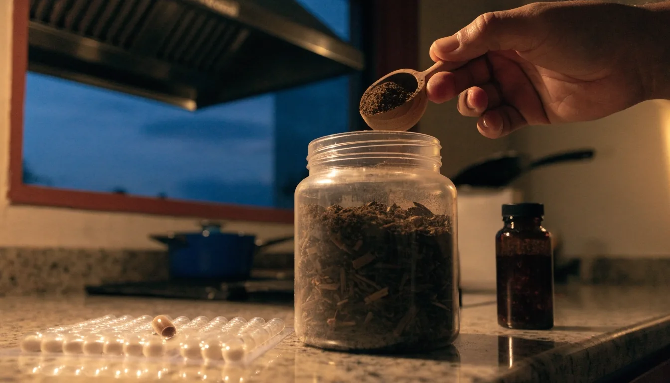 A wooden scoop resting in botanical powder beside a tray of capsules on an enamel counter