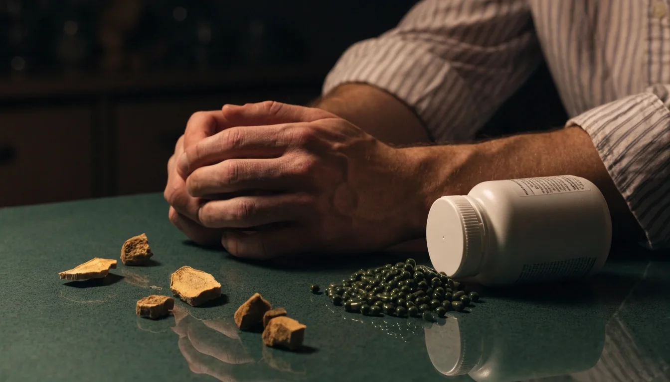 A man's hands beside an unbranded supplement bottle and capsule pile on a night enamel counter