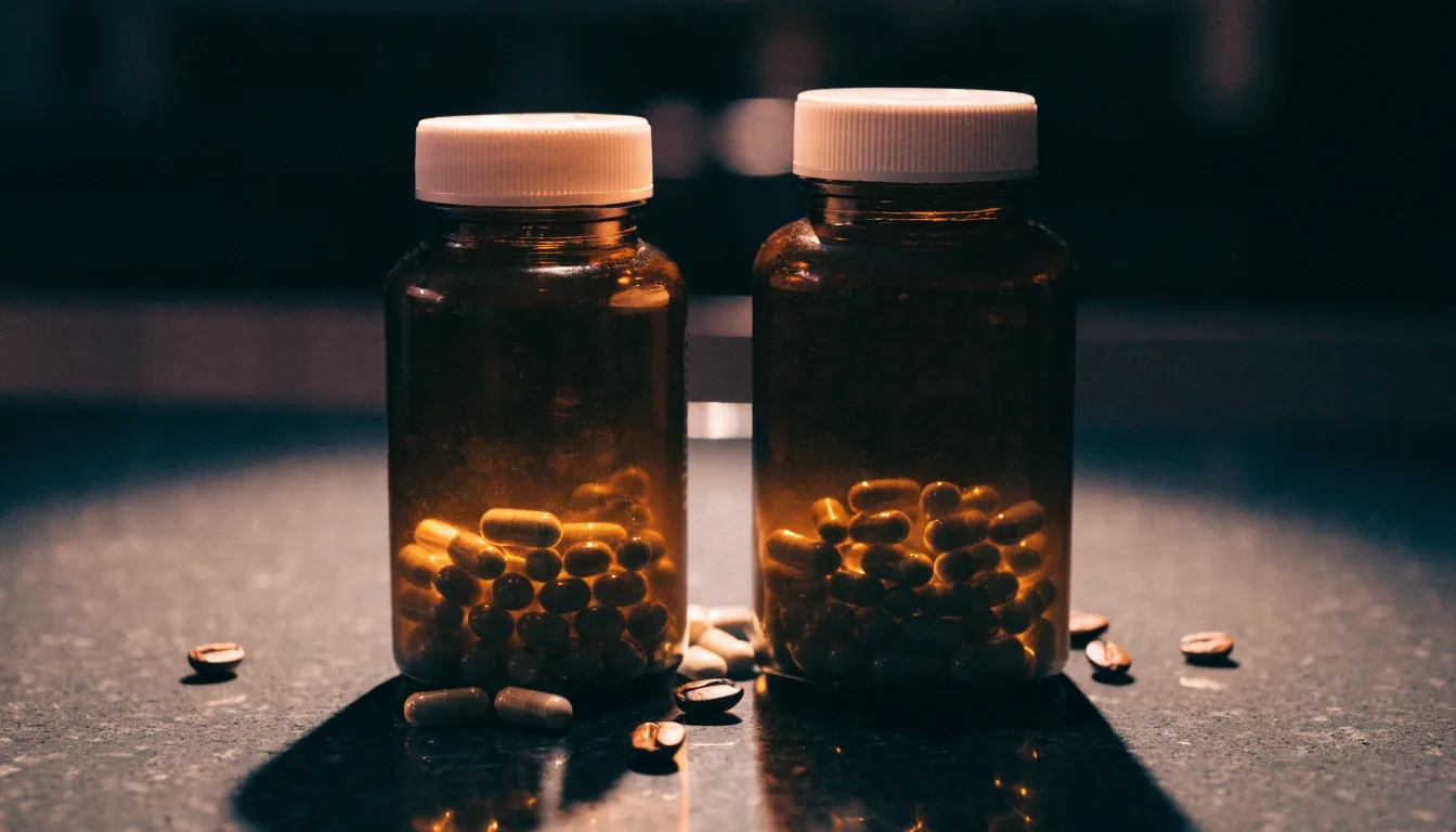 Two unbranded supplement bottles on a dark counter, one beside coffee beans and pale capsule contents