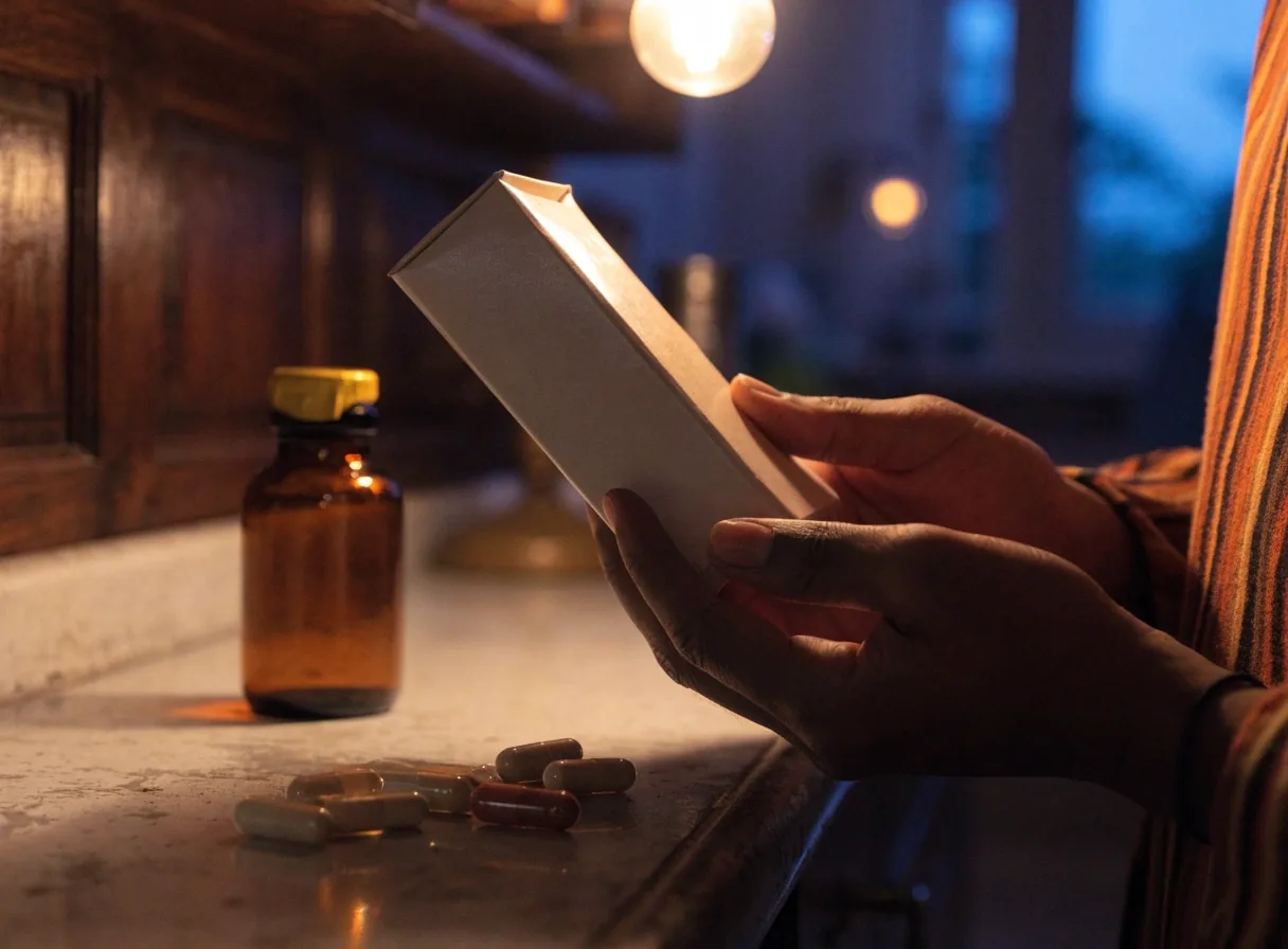 A man tilting an unlabelled supplement carton to read its side panel under warm light