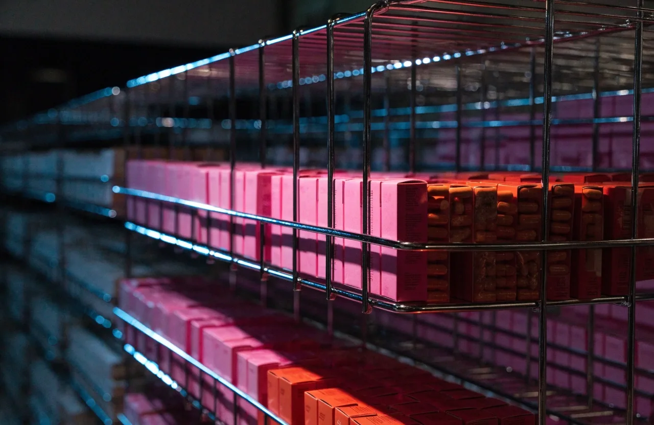 A dark wall of colourful printed cover rectangles packed on a turning drugstore rack at night