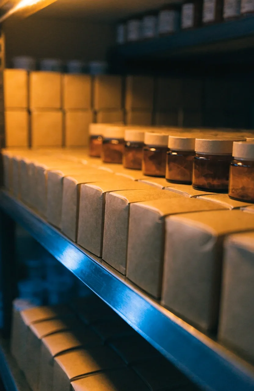 A night-lit pharmacy shelf of unlabelled supplement cartons and amber bottles in Indonesia