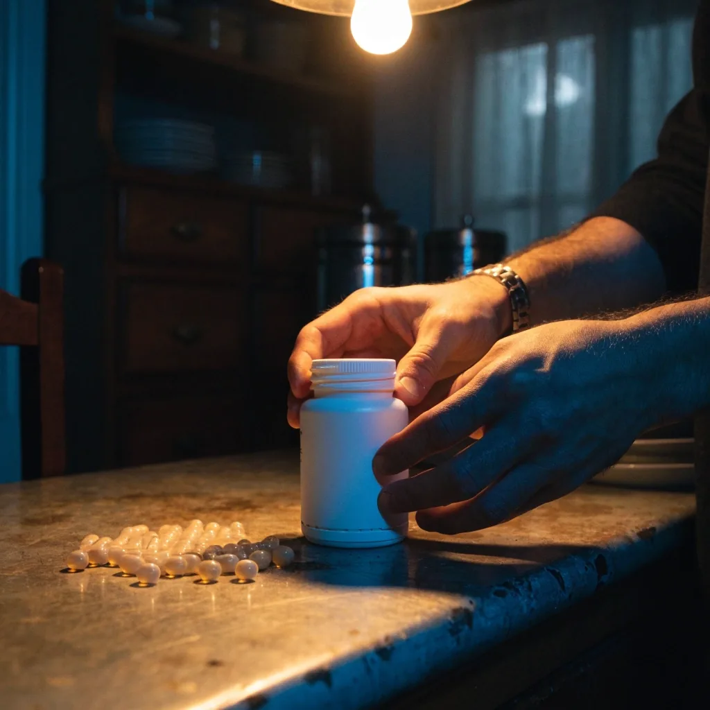Hands turning an unlabelled supplement bottle on an enamel counter under warm light at night