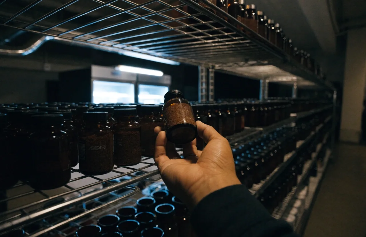 A dimly lit supermarket health aisle with unbranded supplement bottles on wire shelving