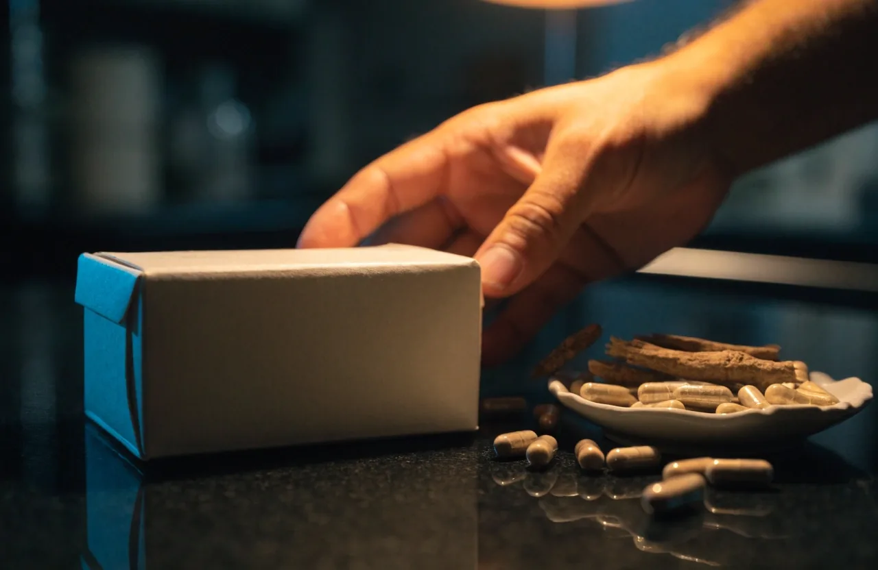 A hand turning a plain supplement carton on a dark enamel counter beside a dish of botanical root slices and capsules