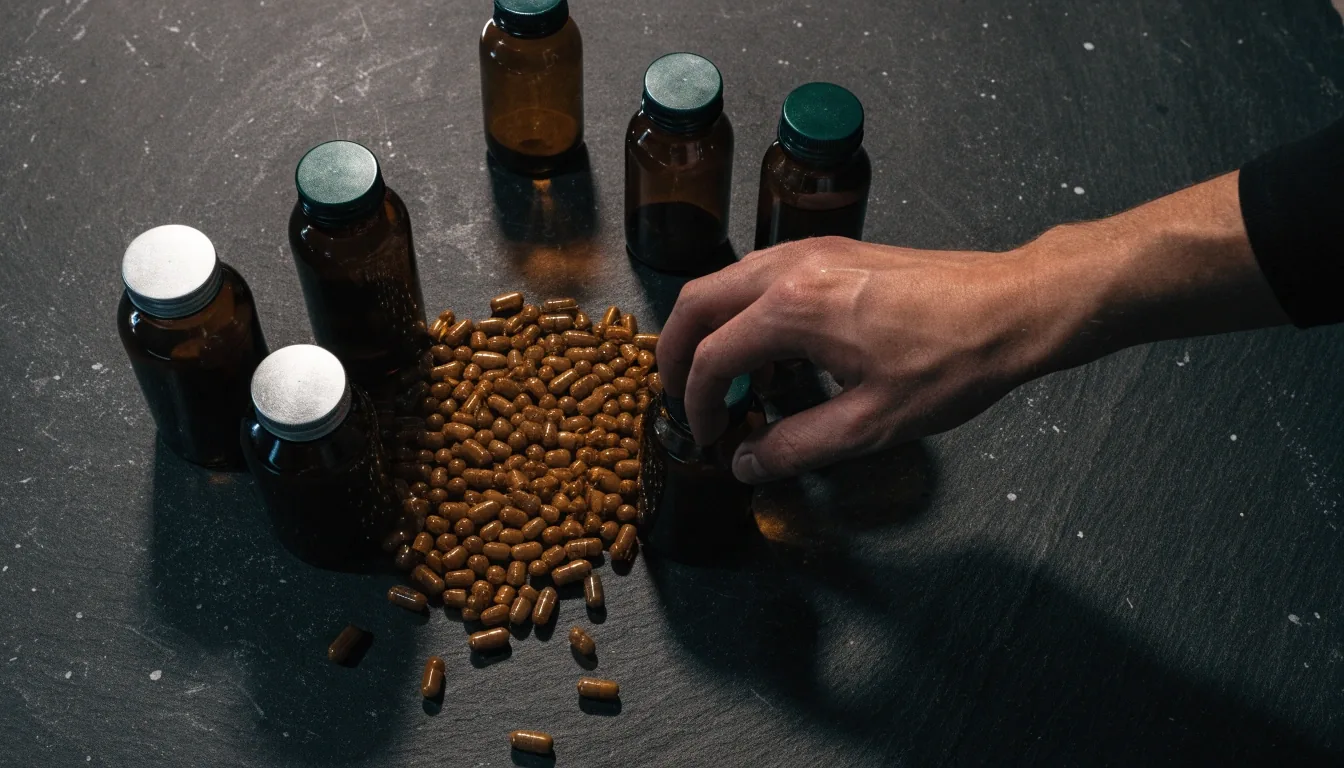 Plain amber supplement bottles and a mound of brown capsules on a dark slate surface under raking light