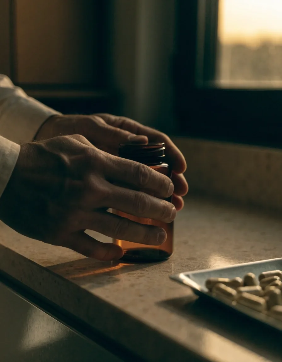 Hands closing the lid on a supplement bottle on a kitchen counter in the evening