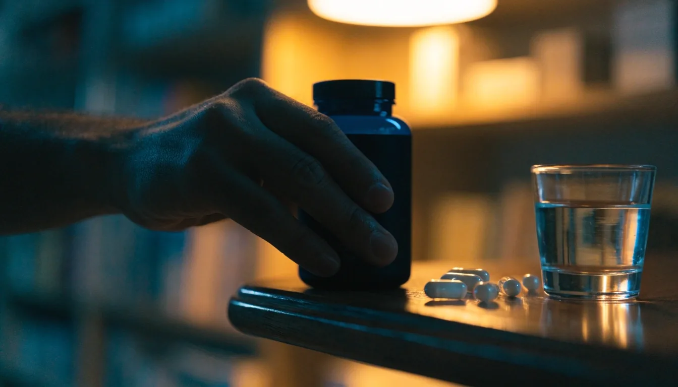 Men's supplement bottles and capsules on a dim counter at night