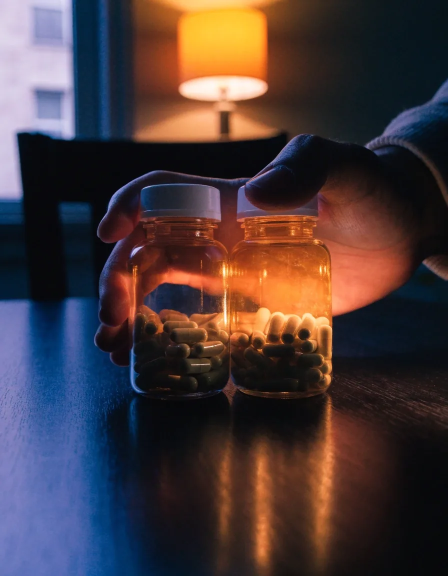 Two unbranded supplement bottles held side by side near a lamp while a person compares them
