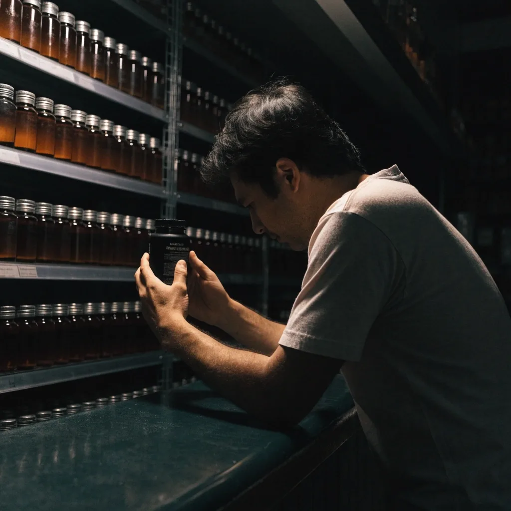 Customer reading a supplement bottle at a dark shop counter under warm light