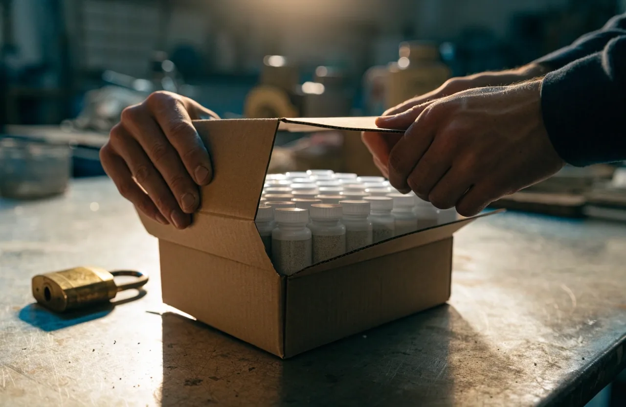 Hands packing plain supplement containers into a cardboard box on an enamel worktop
