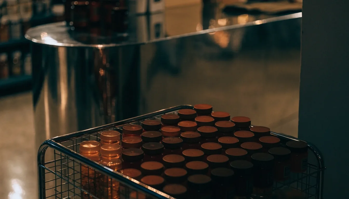 Low-lit supplement aisle counter with wire display racks turning under warm night light