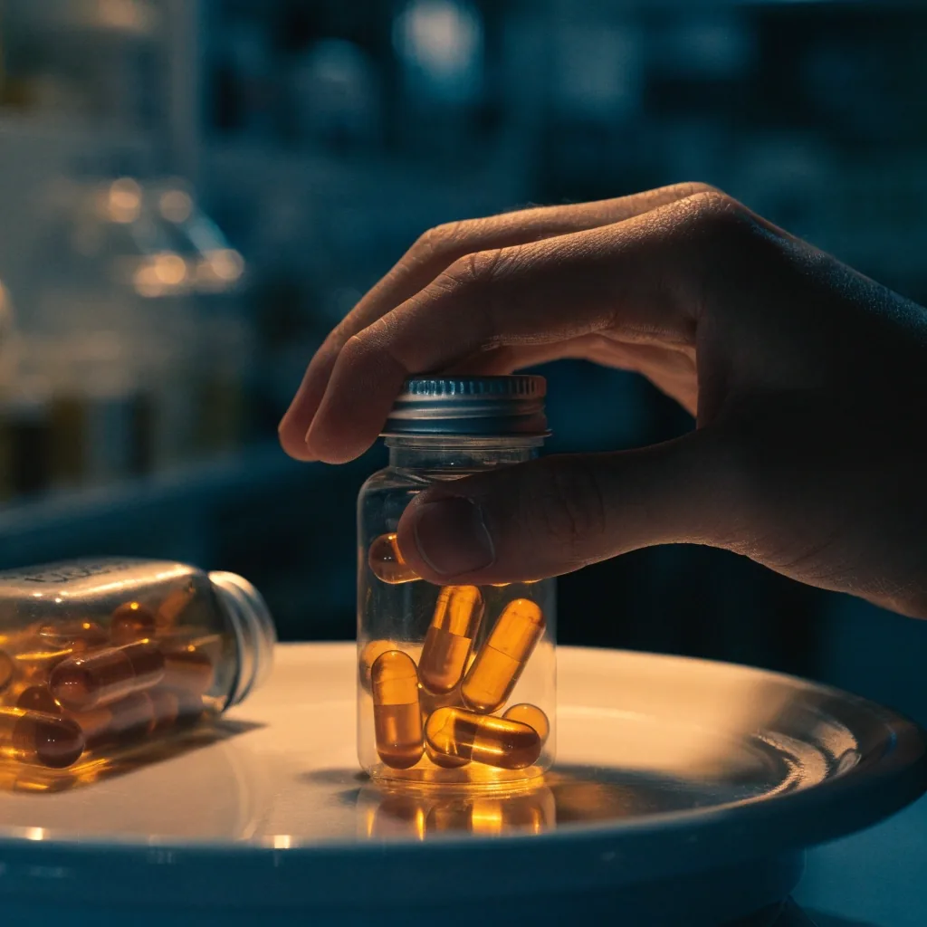 A hand resting on a capsule bottle on an enamel counter at night