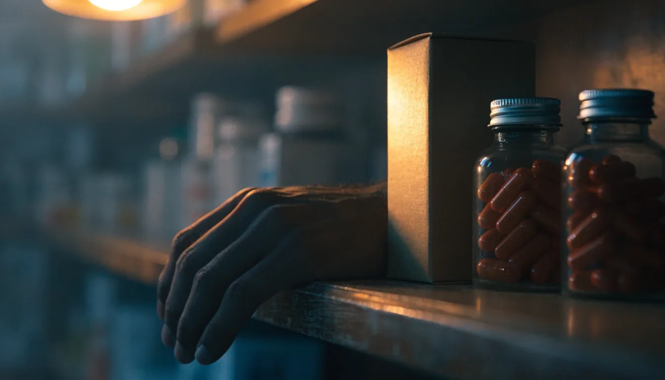 Supplement cartons and capsule bottles on a dim drugstore counter at night